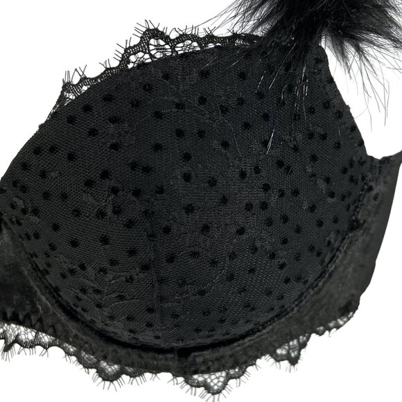 Victorias Secret NWT Demi Bra 32D Black Faux Fur & Solid Straps Sexy Coquette - Picture 8 of 14